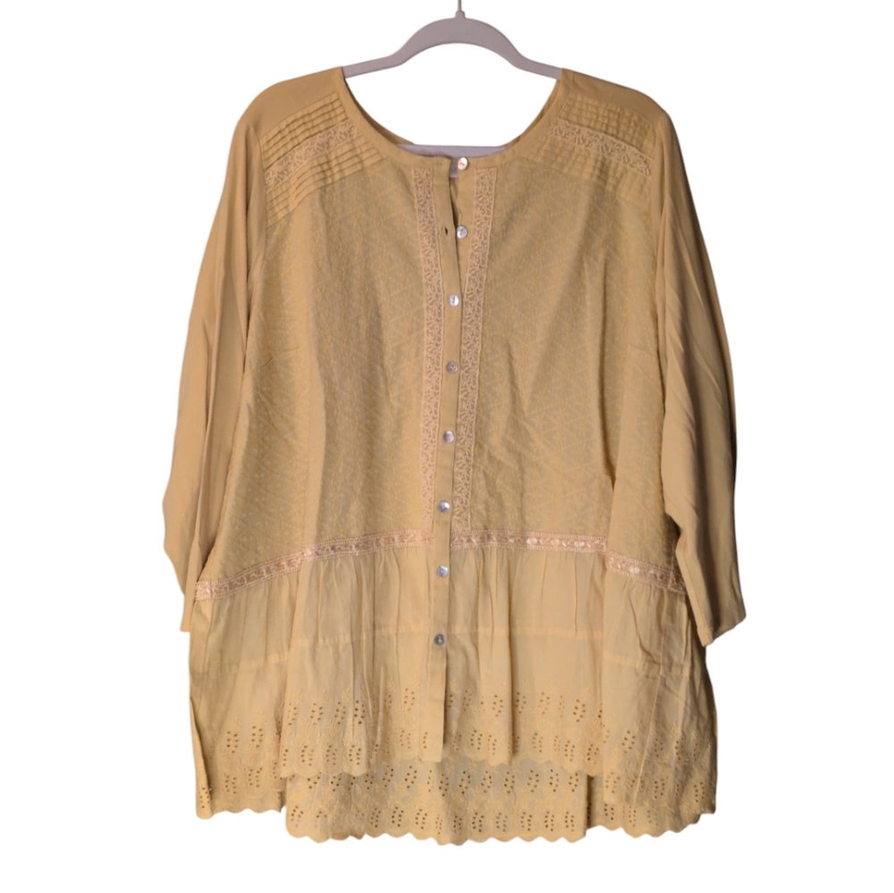 Logo Lavish yellow lace Eyelet button boho peplum tunic top size 2X cottagecore